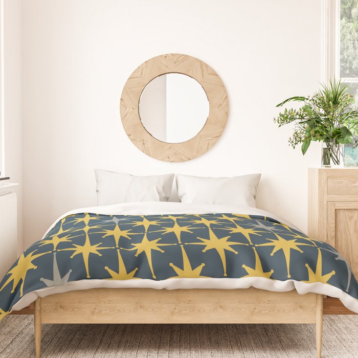 Atomic Age Retro Midcentury 1950s Starburst Pattern in Light Mustard, Gray, and Navy Blue Duvet Cover Gallery Image 3