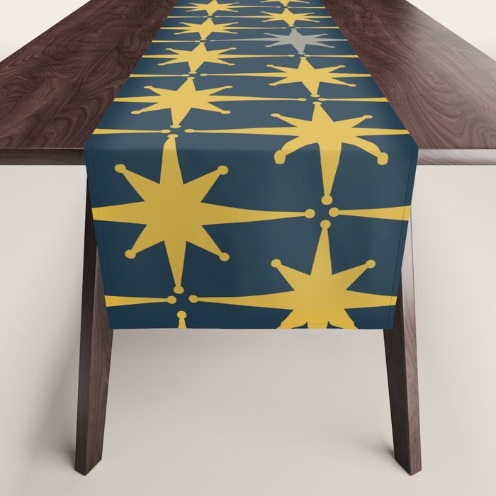 Atomic Age Retro Midcentury 1950s Starburst Pattern in Light Mustard, Gray, and Navy Blue Table Runner Gallery Image 1