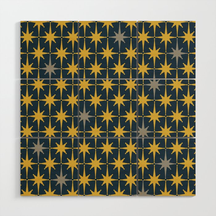 Atomic Age Retro Midcentury 1950s Starburst Pattern in Light Mustard, Gray, and Navy Blue Wood Wall Art Gallery Image 1