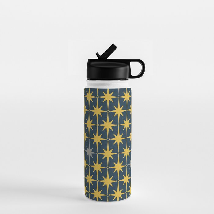 Atomic Age Retro Midcentury 1950s Starburst Pattern in Light Mustard, Gray, and Navy Blue Water Bottle Gallery Image 1