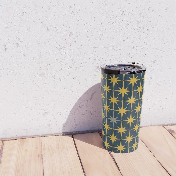 Atomic Age Retro Midcentury 1950s Starburst Pattern in Light Mustard, Gray, and Navy Blue Travel Mug Gallery Image 4