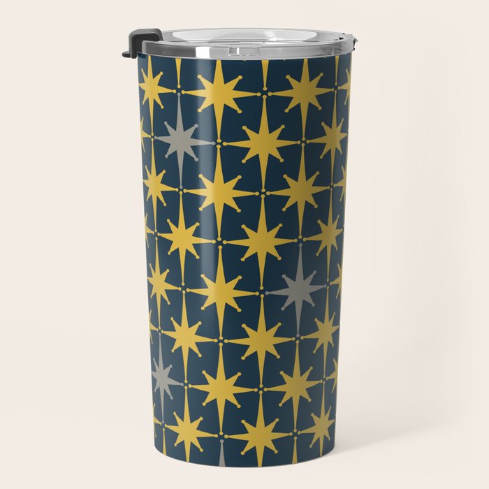 Atomic Age Retro Midcentury 1950s Starburst Pattern in Light Mustard, Gray, and Navy Blue Travel Mug Gallery Image 3