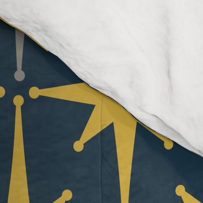 Atomic Age Retro Midcentury 1950s Starburst Pattern in Light Mustard, Gray, and Navy Blue Comforter Gallery Image 4