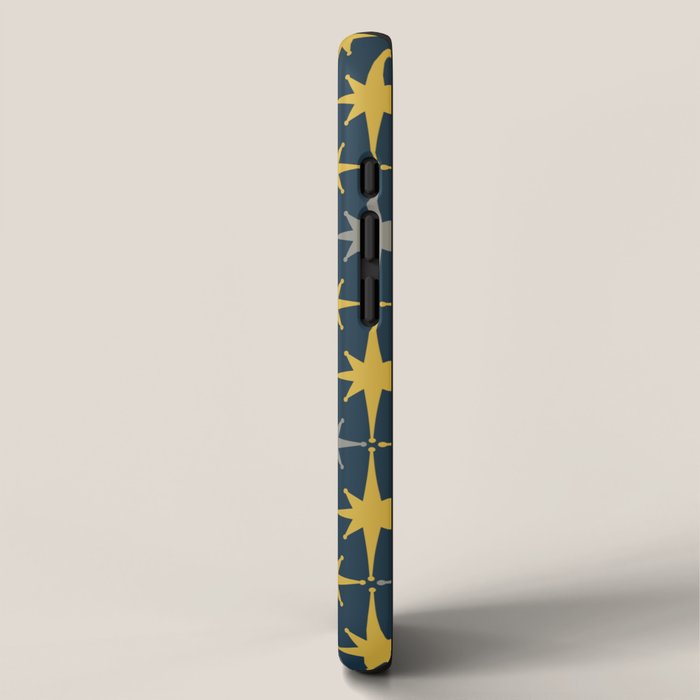 Atomic Age Retro Midcentury 1950s Starburst Pattern in Light Mustard, Gray, and Navy Blue iPhone Case Gallery Image 2