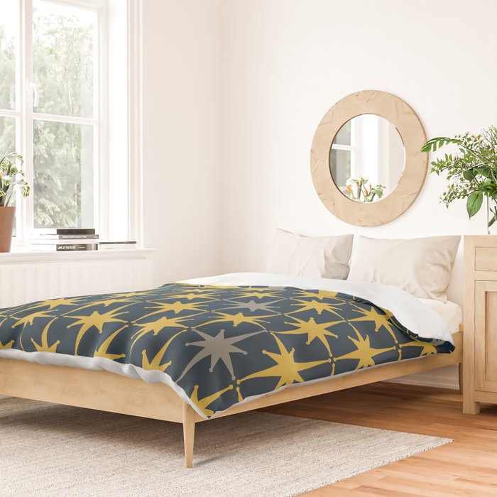Atomic Age Retro Midcentury 1950s Starburst Pattern in Light Mustard, Gray, and Navy Blue Duvet Cover Gallery Image 2