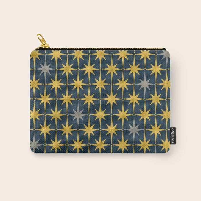 Atomic Age Retro Midcentury 1950s Starburst Pattern in Light Mustard, Gray, and Navy Blue Carry All Pouch Gallery Image 1