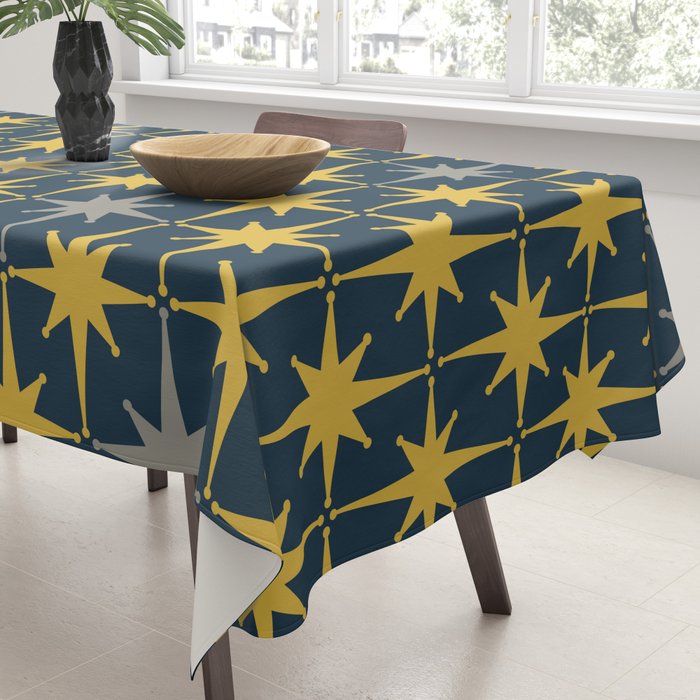 Atomic Age Retro Midcentury 1950s Starburst Pattern in Light Mustard, Gray, and Navy Blue Tablecloth Gallery Image 3