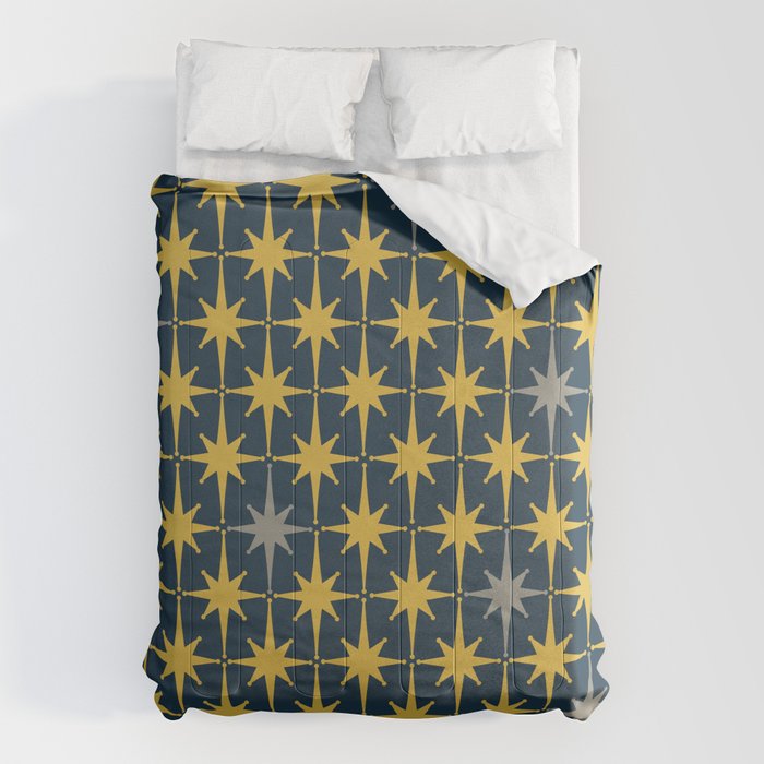 Atomic Age Retro Midcentury 1950s Starburst Pattern in Light Mustard, Gray, and Navy Blue Comforter Gallery Image 6