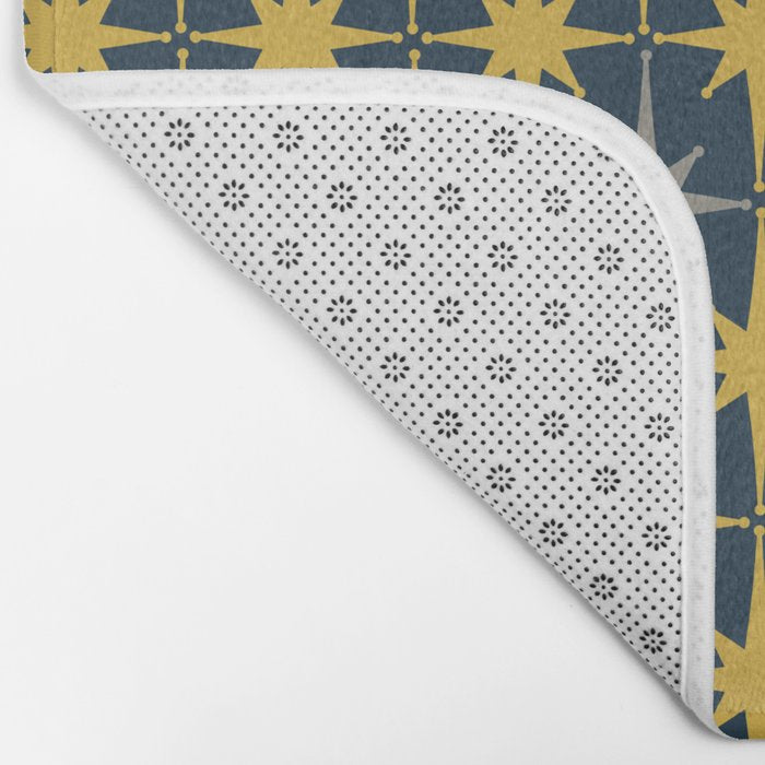 Atomic Age Retro Midcentury 1950s Starburst Pattern in Light Mustard, Gray, and Navy Blue Bath Mat Gallery Image 2