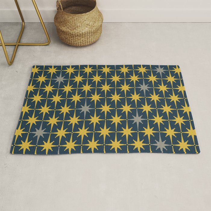 Atomic Age Retro Midcentury 1950s Starburst Pattern in Light Mustard, Gray, and Navy Blue Rug Gallery Image 1