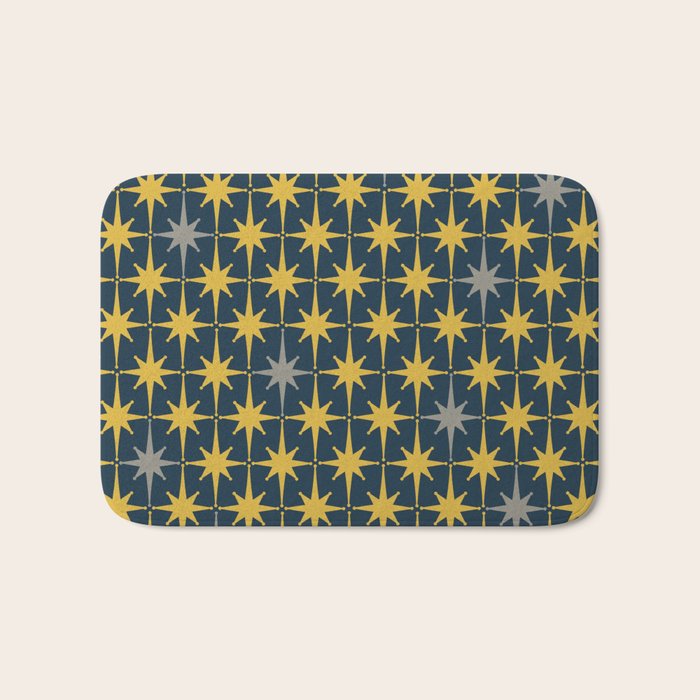 Atomic Age Retro Midcentury 1950s Starburst Pattern in Light Mustard, Gray, and Navy Blue Bath Mat Gallery Image 1