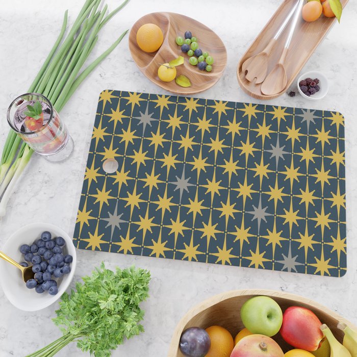 Atomic Age Retro Midcentury 1950s Starburst Pattern in Light Mustard, Gray, and Navy Blue Cutting Board Gallery Image 2