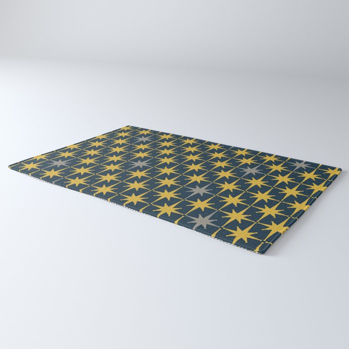 Atomic Age Retro Midcentury 1950s Starburst Pattern in Light Mustard, Gray, and Navy Blue Rug Gallery Image 3