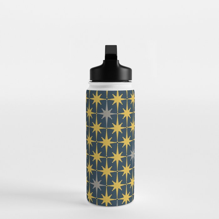Atomic Age Retro Midcentury 1950s Starburst Pattern in Light Mustard, Gray, and Navy Blue Water Bottle Gallery Image 3
