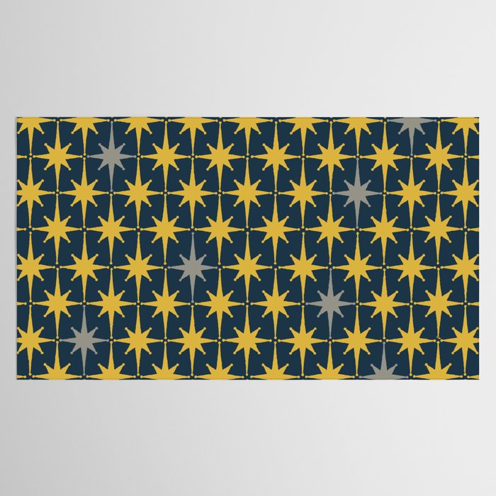 Atomic Age Retro Midcentury 1950s Starburst Pattern in Light Mustard, Gray, and Navy Blue Tablecloth Gallery Image 2