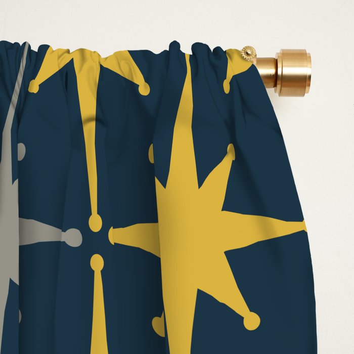 Atomic Age Retro Midcentury 1950s Starburst Pattern in Light Mustard, Gray, and Navy Blue Window Curtain Gallery Image 2