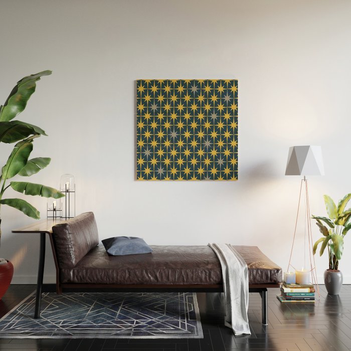 Atomic Age Retro Midcentury 1950s Starburst Pattern in Light Mustard, Gray, and Navy Blue Wood Wall Art Gallery Image 2