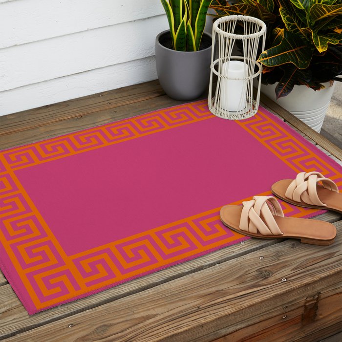 Pink Greek Key Print Outdoor Rug Gallery Image 2