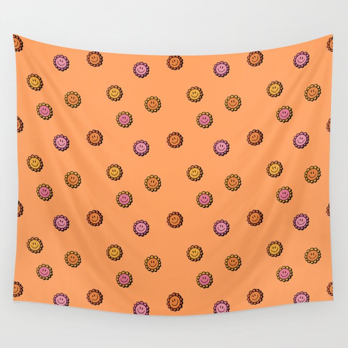 Happy Flower Print in Orange Wall Tapestry Gallery Image 4