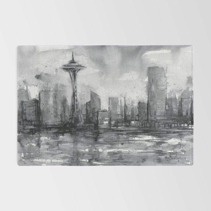 Seattle Skyline Painting Watercolor Black and White Space Needle Rug Gallery Image 2