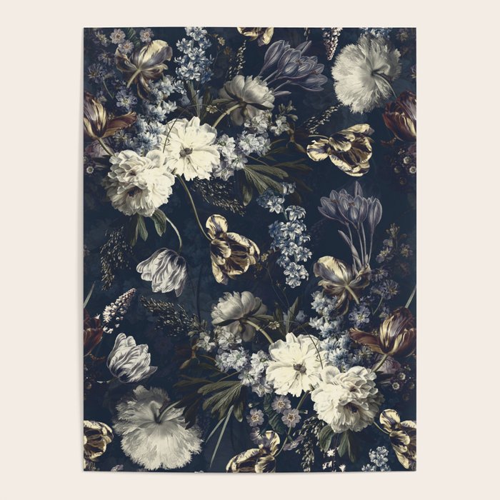 Antique Blue Moonlight Midnight Baroque Flower Garden Poster Gallery Image 4