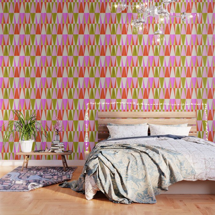 Mid Mod Diamond Pattern 1. textured Pink Green  Wallpaper Gallery Image 1