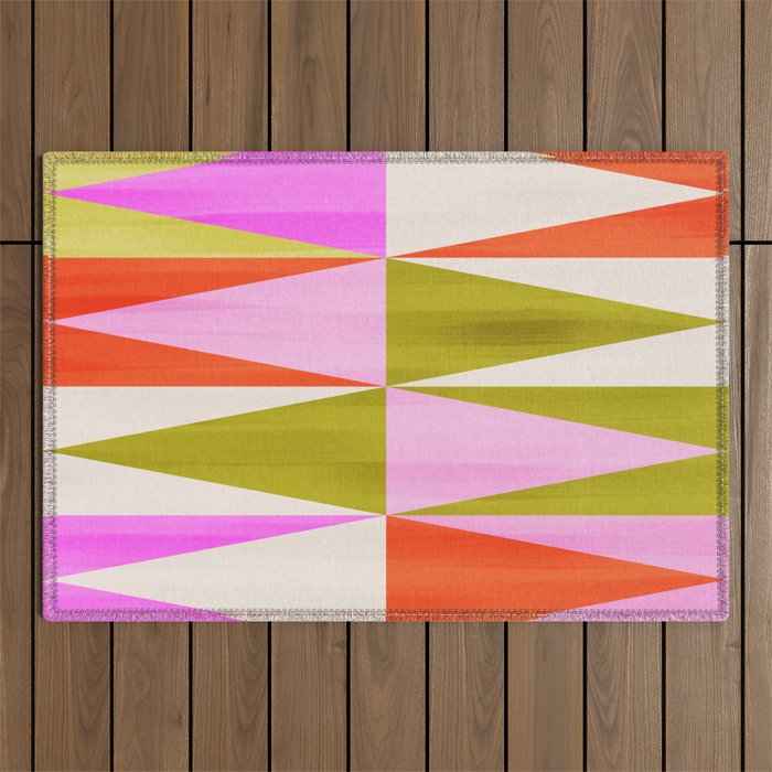 Mid Mod Diamond Pattern 1. textured Pink Green  Outdoor Rug Gallery Image 1