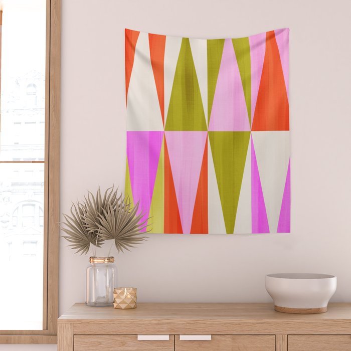 Mid Mod Diamond Pattern 1. textured Pink Green  Wall Tapestry Gallery Image 2