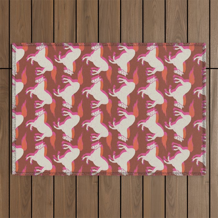 Horses in red Outdoor Rug Gallery Image 1