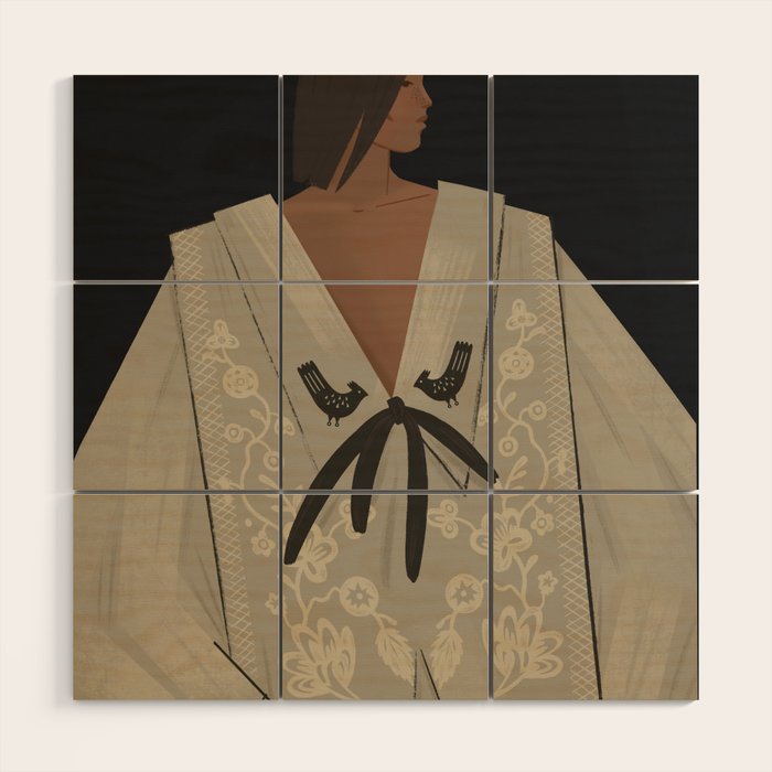  portrait of a woman in an embroidered shirt on a dark background Wood Wall Art Gallery Image 1