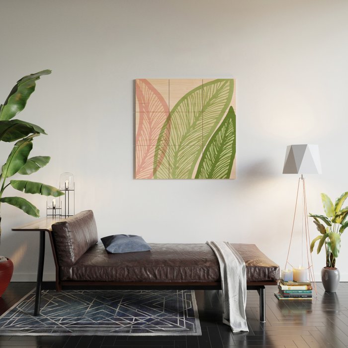 Tropical Banana Leaf Line Art Wood Wall Art Gallery Image 2