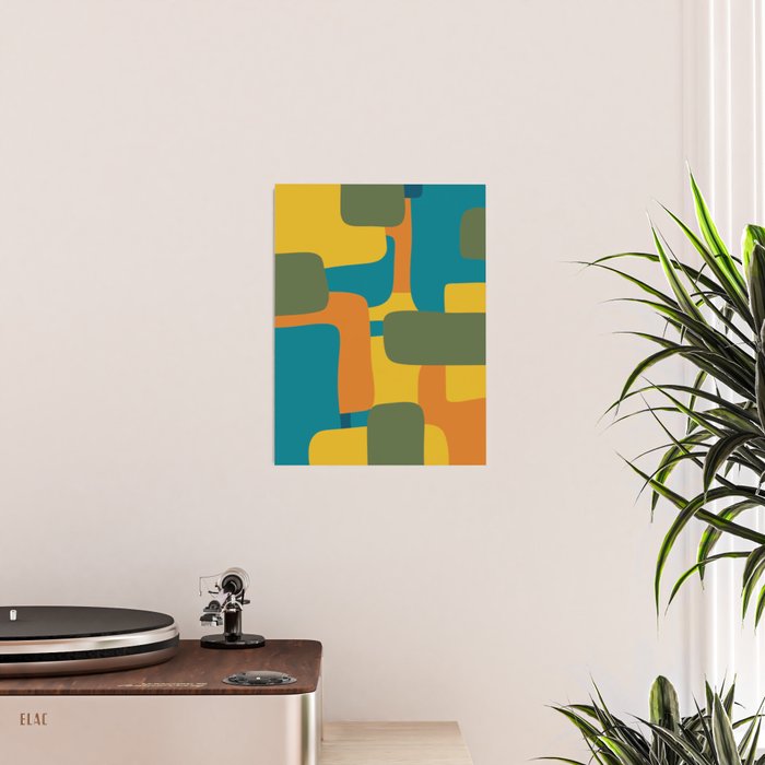Deconstructed Quilt Modern Minimalist Pattern in Teal, Green, Orange, and Mustard Poster Gallery Image 2