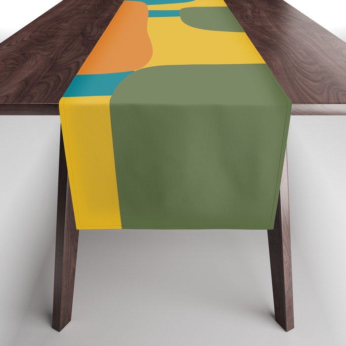 Deconstructed Quilt Modern Minimalist Pattern in Teal, Green, Orange, and Mustard Table Runner Gallery Image 1