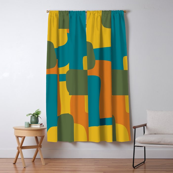 Deconstructed Quilt Modern Minimalist Pattern in Teal, Green, Orange, and Mustard Window Curtain Gallery Image 5