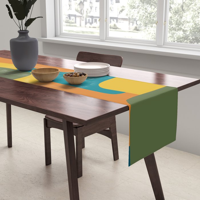 Deconstructed Quilt Modern Minimalist Pattern in Teal, Green, Orange, and Mustard Table Runner Gallery Image 2