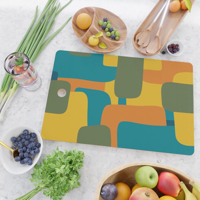 Deconstructed Quilt Modern Minimalist Pattern in Teal, Green, Orange, and Mustard Cutting Board Gallery Image 2