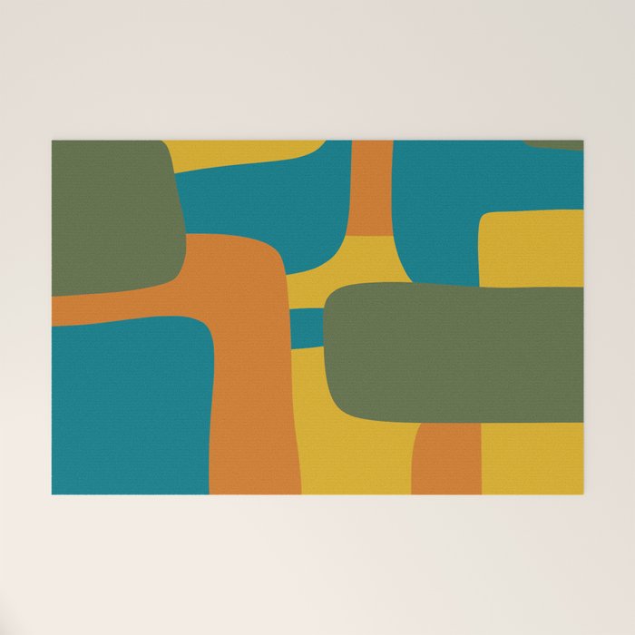 Deconstructed Quilt Modern Minimalist Pattern in Teal, Green, Orange, and Mustard Welcome Mat Gallery Image 1