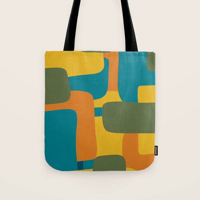 Deconstructed Quilt Modern Minimalist Pattern in Teal, Green, Orange, and Mustard Tote Bag Gallery Image 1