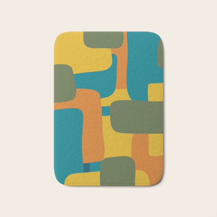Deconstructed Quilt Modern Minimalist Pattern in Teal, Green, Orange, and Mustard Bath Mat Gallery Image 1