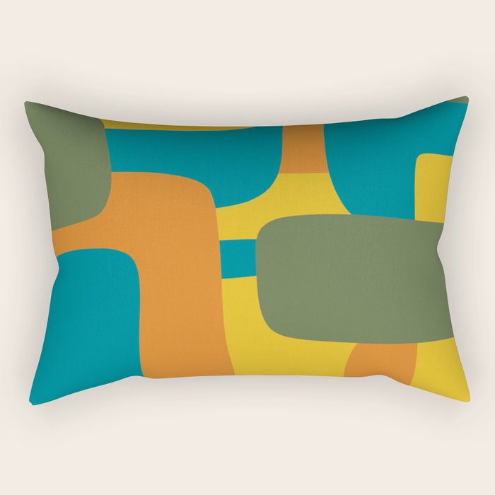 Deconstructed Quilt Modern Minimalist Pattern in Teal, Green, Orange, and Mustard Rectangular Pillow Gallery Image 1