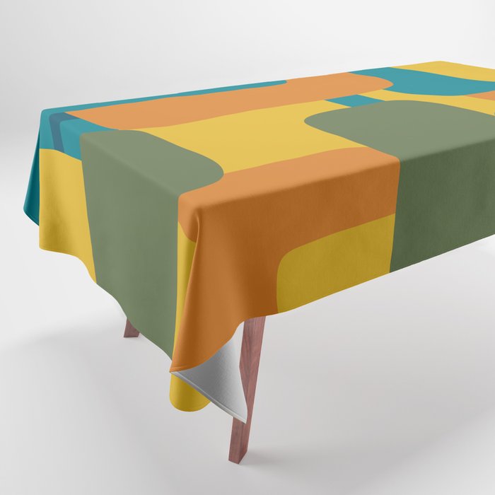 Deconstructed Quilt Modern Minimalist Pattern in Teal, Green, Orange, and Mustard Tablecloth Gallery Image 1