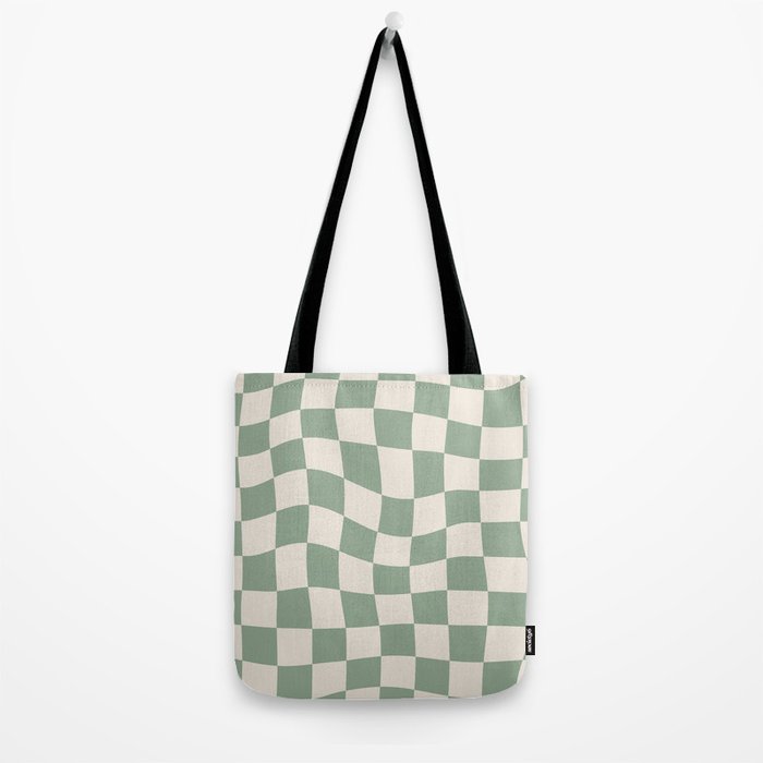 Sage Green Wavy Checkered Pattern Tote Bag Gallery Image 2
