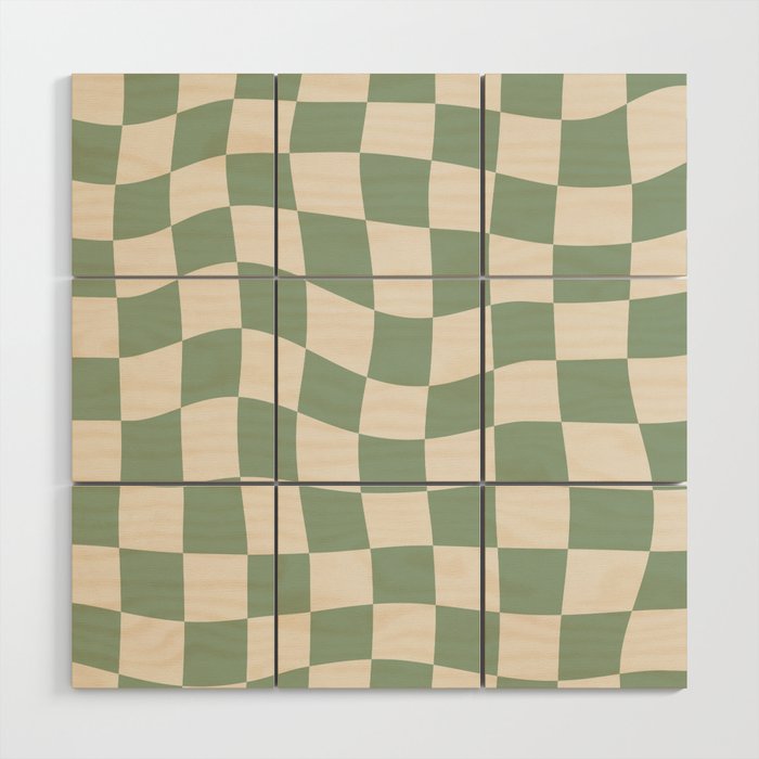 Sage Green Wavy Checkered Pattern Wood Wall Art Gallery Image 1