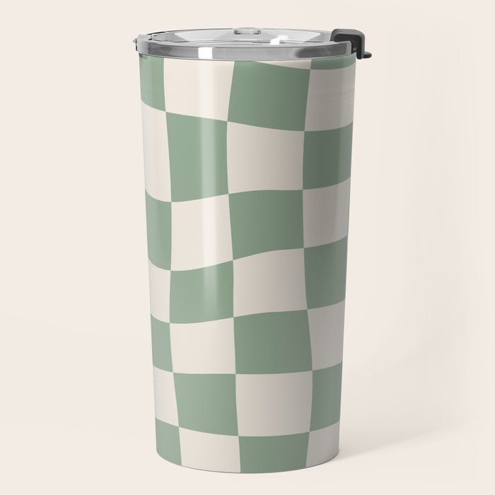 Sage Green Wavy Checkered Pattern Travel Mug Gallery Image 2