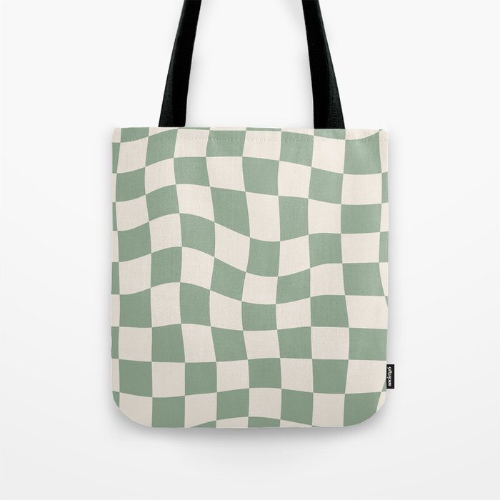 Sage Green Wavy Checkered Pattern Tote Bag Gallery Image 1