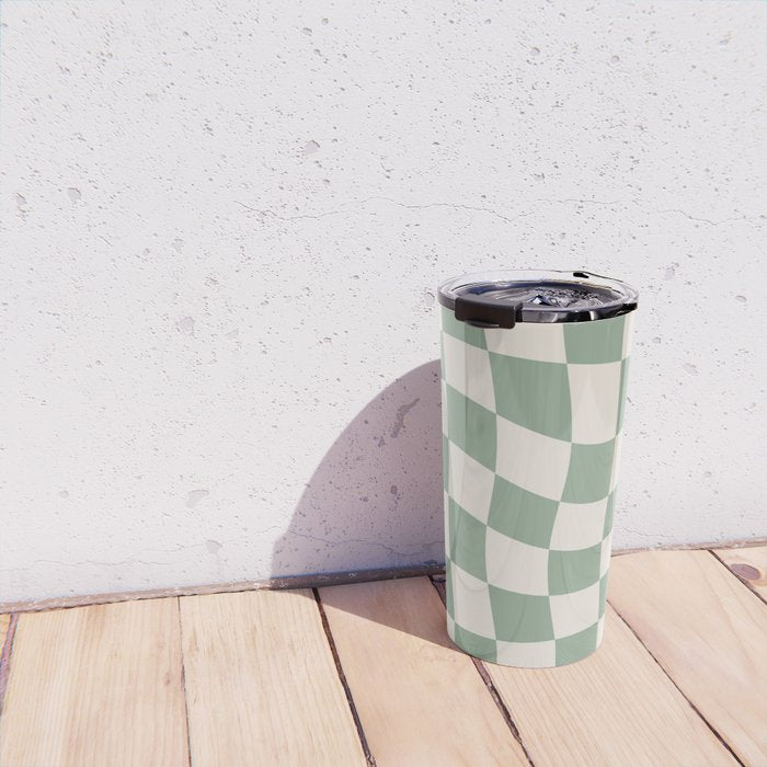 Sage Green Wavy Checkered Pattern Travel Mug Gallery Image 4