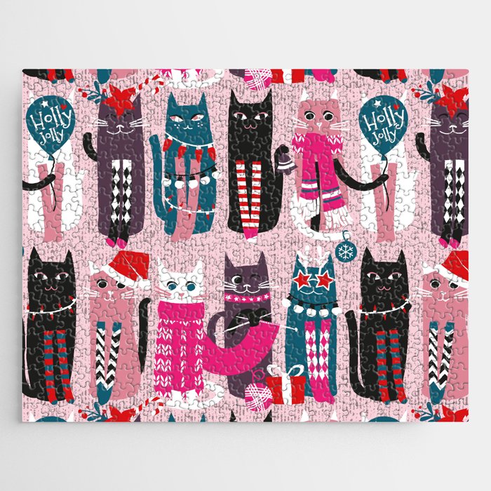 Feline Christmas vibes // pastel pink background green fuchsia pink white and black kittens Jigsaw Puzzle Gallery Image 1