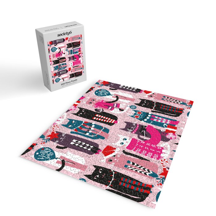 Feline Christmas vibes // pastel pink background green fuchsia pink white and black kittens Jigsaw Puzzle Gallery Image 2