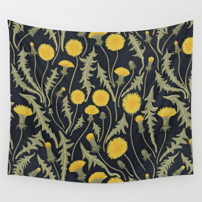 Dandelions, green, yellow and black Wall Tapestry Gallery Image 1