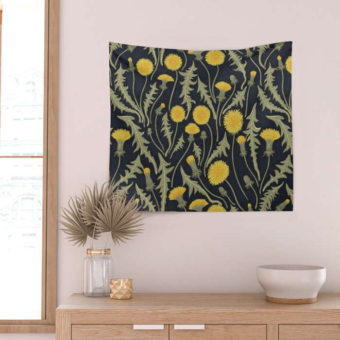 Dandelions, green, yellow and black Wall Tapestry Gallery Image 2